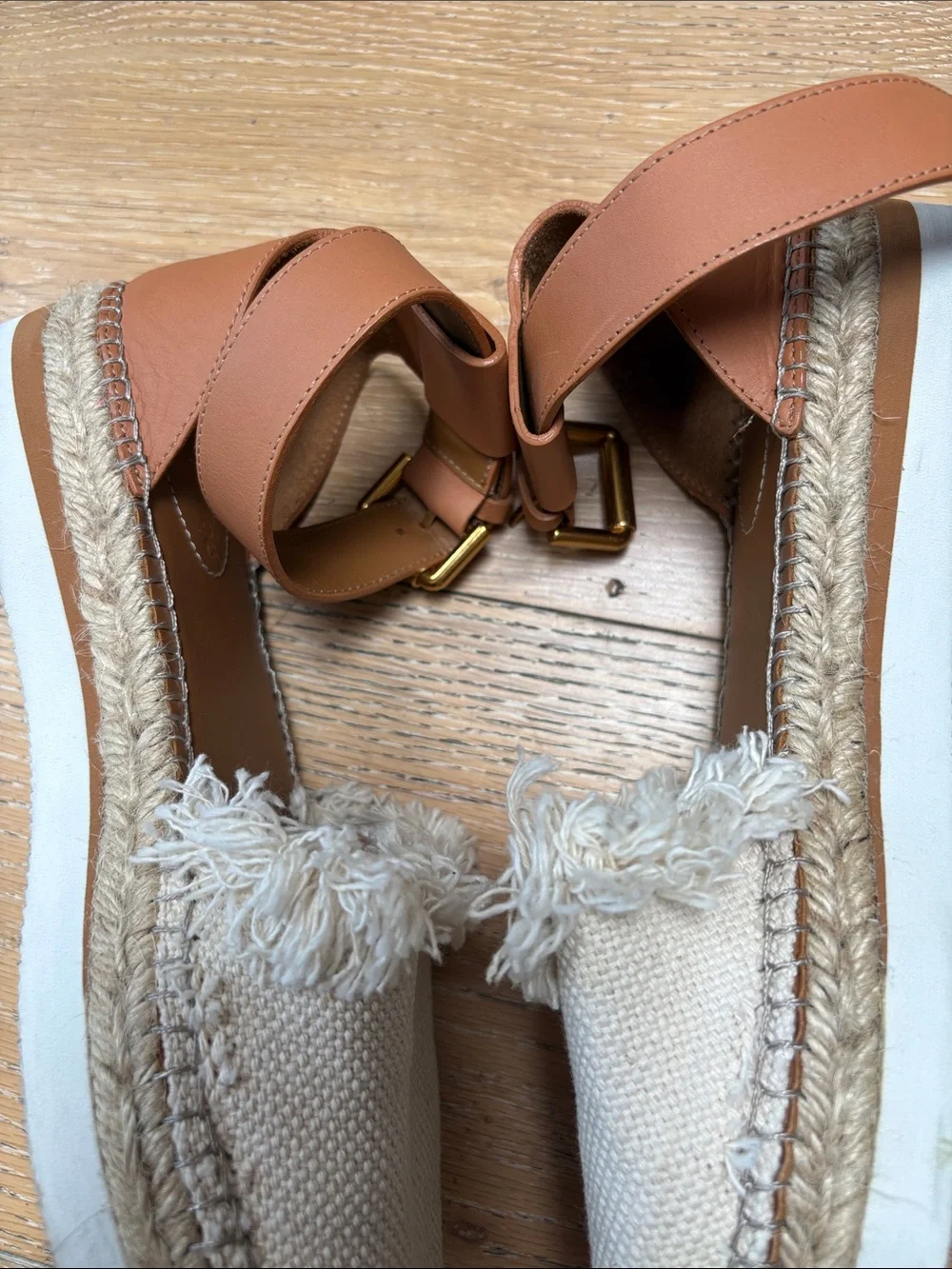 See By Chloe White Canvas Espadrille with Tan leather Ankle Strap
